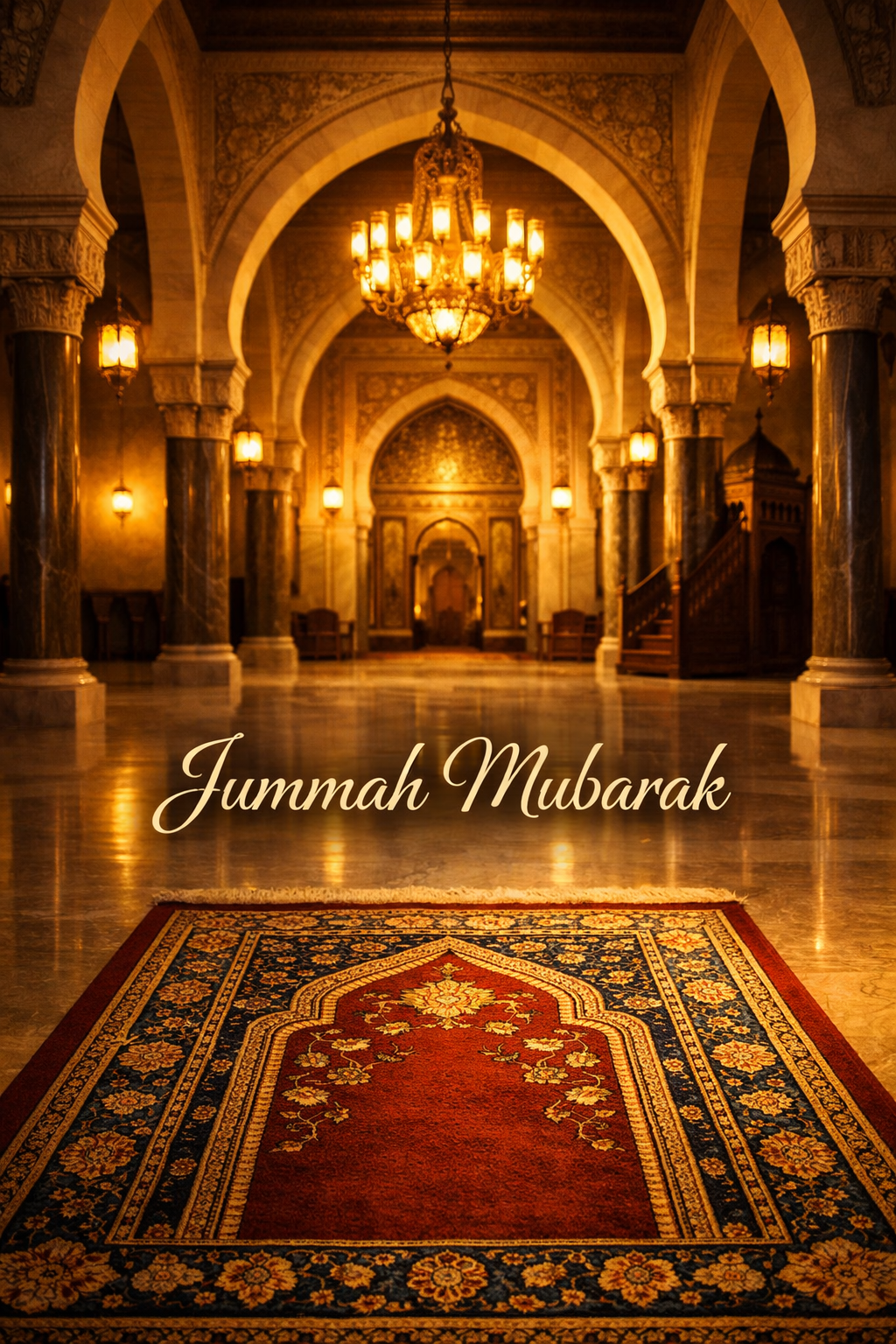 Beautiful mosque interior with arched columns, warm golden light, and prayer rug for Jummah Mubarak